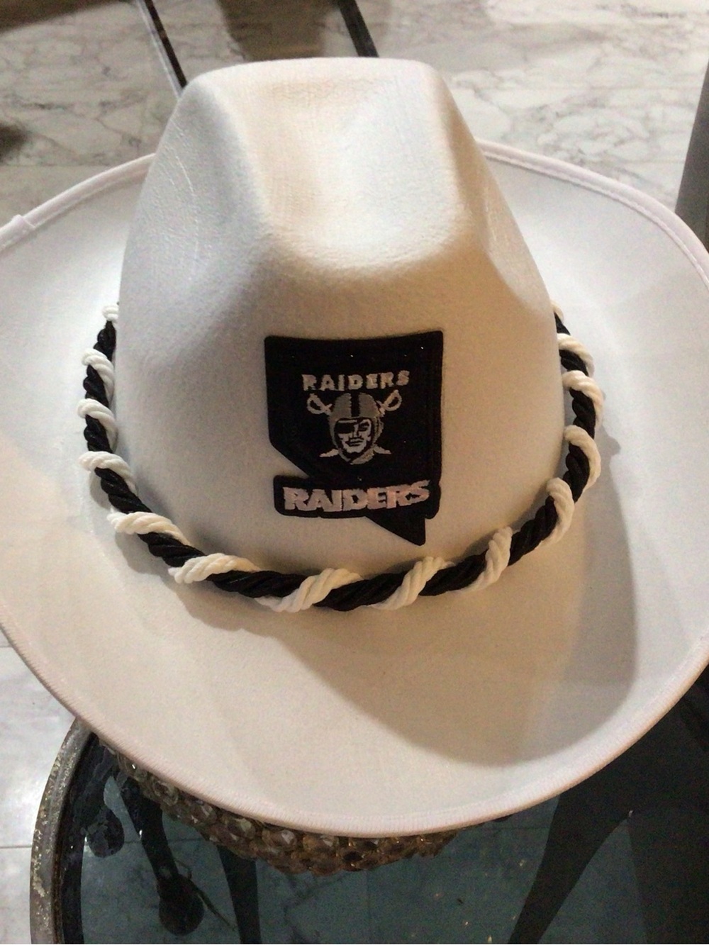 White Kids Cowboy Hat with Black Raiders Patch and Twisted Band